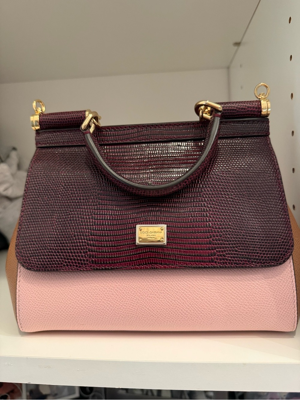 Dolce & Gabbana Small Sicily Top Handle Bag Lizard Colorblock Burgundy Pink
